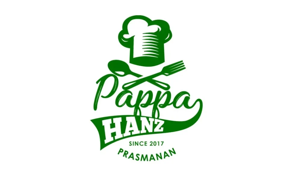 Portofolio Desain Logo Restoran Pappa Hanz Prasmanan Palembang dengan ilustrasi topi koki, sendok, dan garpu berwarna hijau.