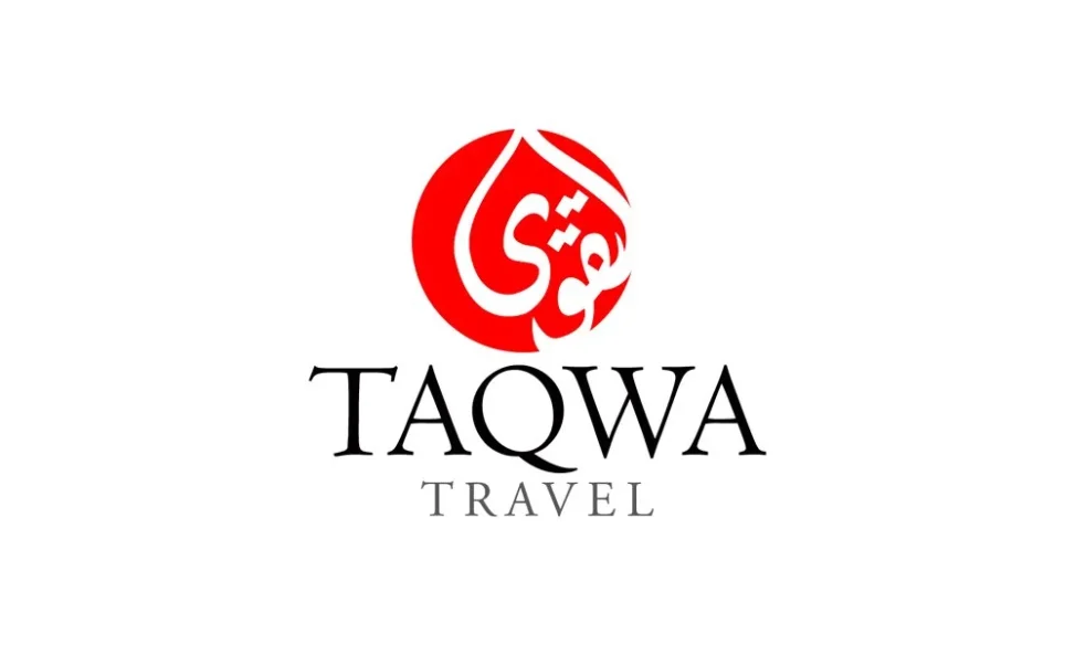 Portofolio Desain Logo Taqwa Travel Umroh Palembang dengan kaligrafi Arab melingkar yang elegan dan tipografi serif yang anggun.