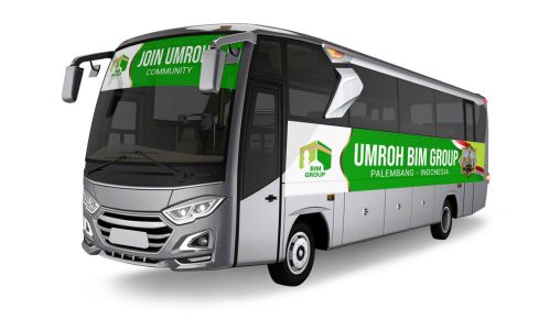 Desain sticker bus Umroh BIM Group Palembang dengan warna hijau putih dan tema islami yang elegan.