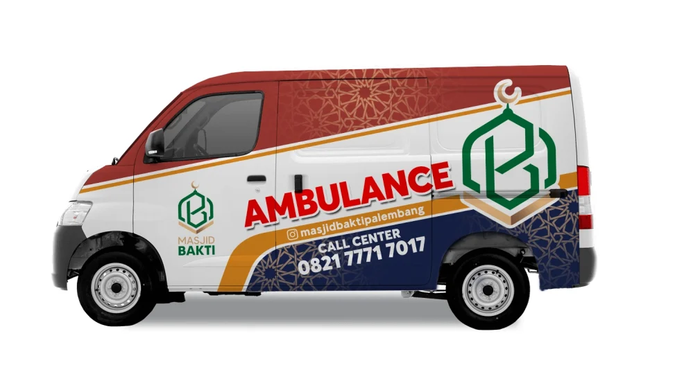 Desain sticker branding mobil ambulance Masjid Bakti Palembang dengan motif geometris islami dan informasi call center yang jelas.