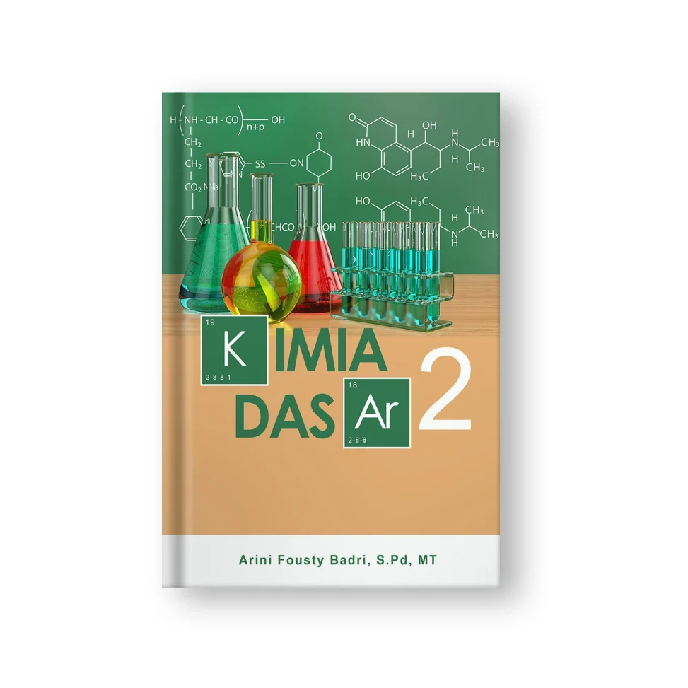 Desain cover buku ajar berjudul Kimia Dasar 2 dengan ilustrasi alat laboratorium kimia, rumus struktur molekul pada papan tulis, dan tipografi tabel periodik.