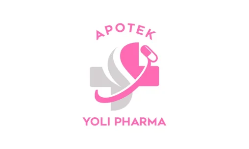 Desain logo profesional untuk Apotek Yoli Pharma Palembang dengan simbol kapsul dan palang kesehatan