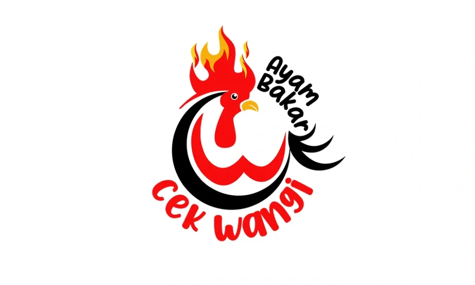 Desain logo profesional untuk Ayam Bakar Cek Wangi Palembang dengan elemen ayam dan api