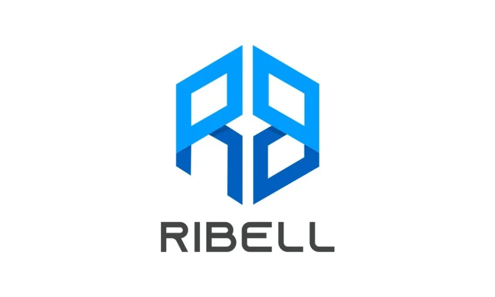 Desain logo modern untuk brand pakaian Ribell dengan struktur geometris inisial 'R' dan 'B'