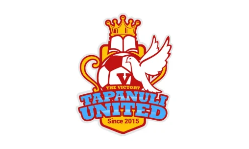 Desain logo profesional untuk klub sepak bola Tapanuli United dengan elemen mahkota, piala, dan burung merpati