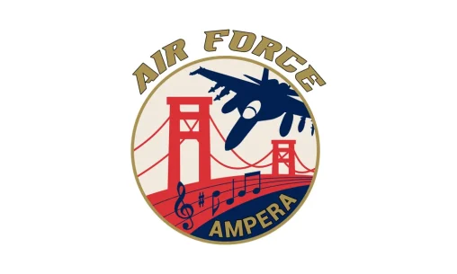 Desain logo grup musik TNI AU Air Force Ampera Palembang dengan elemen pesawat tempur dan Jembatan Ampera