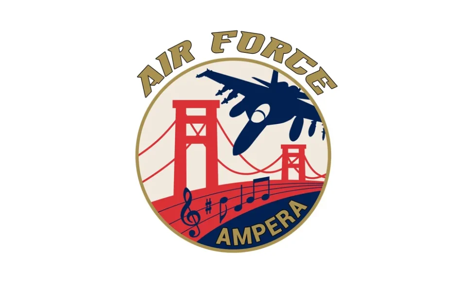 Desain logo grup musik TNI AU Air Force Ampera Palembang dengan elemen pesawat tempur dan Jembatan Ampera