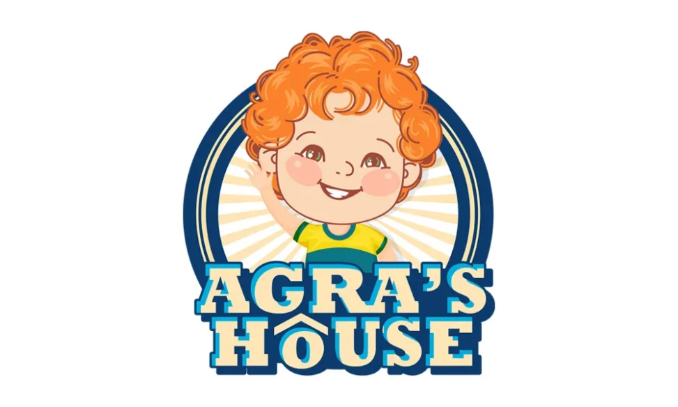 Desain logo profesional untuk kost Agra's House Palembang dengan maskot karakter anak laki-laki