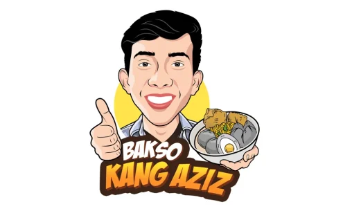 Desain logo profesional untuk Bakso Kang Aziz Lahat dengan ilustrasi maskot pemilik dan mangkuk bakso