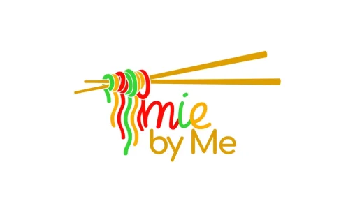 Desain logo profesional untuk Mie By Me di Palembang dengan ilustrasi mie berwarna-warni yang kreatif