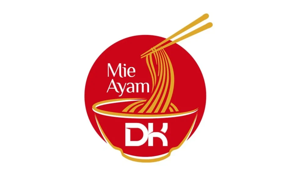 Desain logo minimalis untuk Mie Ayam DK di Palembang dengan ilustrasi mangkuk mie dan sumpit