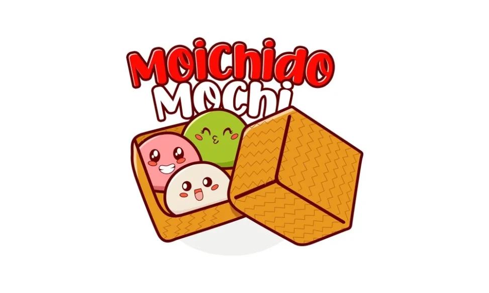 Desain logo menggemaskan untuk Mochido Mochi Jakarta dengan karakter mochi lucu dalam kotak anyaman