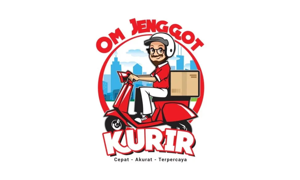 Desain logo maskot untuk jasa pengiriman Om Jenggot Kurir di Palembang yang profesional dan ramah