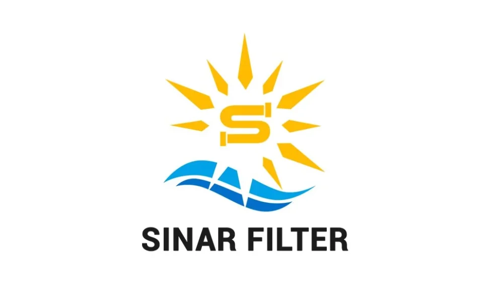 Desain logo profesional untuk Sinar Filter Jakarta dengan elemen matahari dan sistem filtrasi air