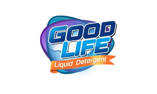 Desain logo profesional untuk produk GOODLIFE Liquid Detergent dengan elemen grafis cairan