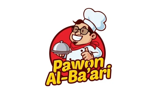 Desain logo maskot untuk restoran Pawon Al-Ba'ari di Palembang yang menampilkan karakter chef menyerupai pemilik