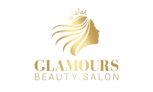 Desain logo premium untuk Glamours Beauty Salon dengan siluet wanita dan mahkota emas