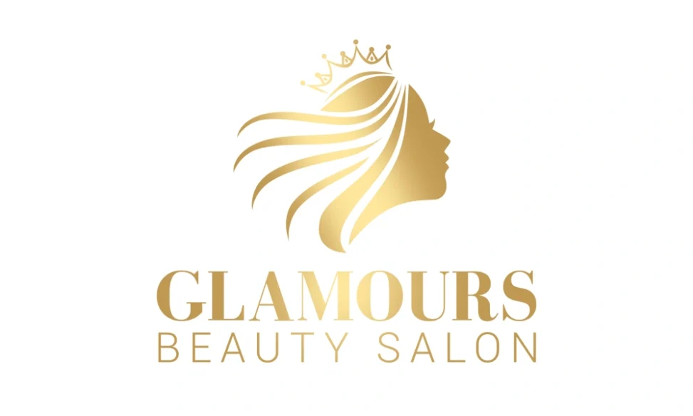 Desain logo premium untuk Glamours Beauty Salon dengan siluet wanita dan mahkota emas