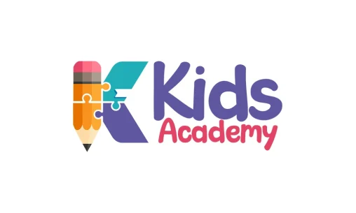 Desain logo profesional untuk Kids Academy Palembang dengan elemen pensil dan buku berbentuk puzzle