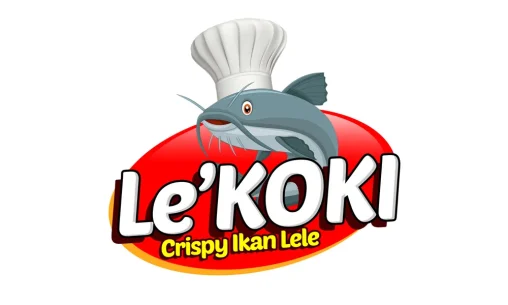 Desain logo profesional untuk camilan Crispy Ikan Lele Le'Koki Jakarta dengan maskot koki ikan lele