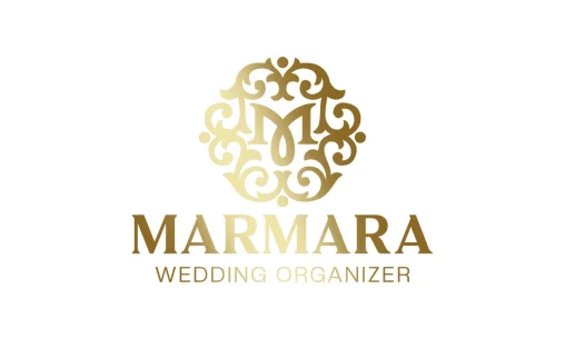 Desain logo premium untuk Marmara Wedding Organizer dengan inisial M dan ornamen emas