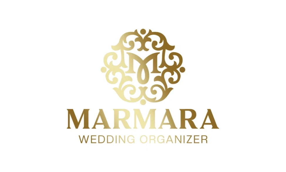 Desain logo premium untuk Marmara Wedding Organizer dengan inisial M dan ornamen emas