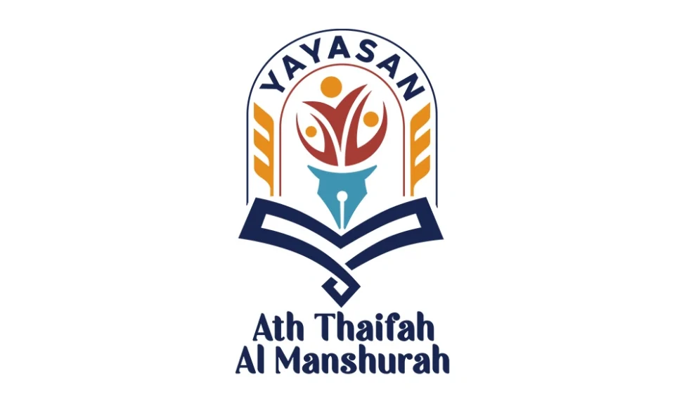 Desain logo profesional untuk Yayasan Ath Thaifah Al Manshurah Palembang dengan elemen buku dan pena