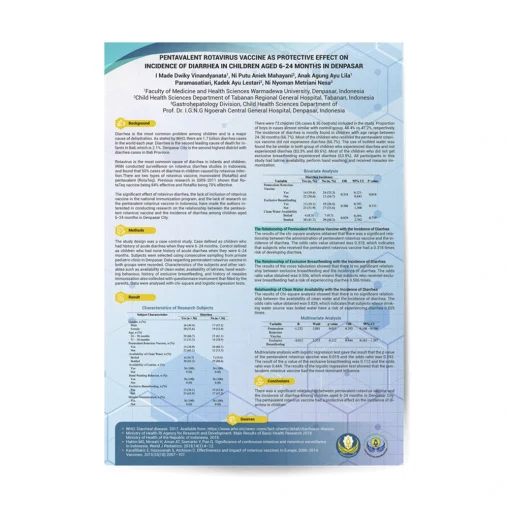 Desain poster ilmiah penelitian efektivitas vaksin rotavirus pentavalen terhadap kejadian diare pada anak usia 6–24 bulan di Denpasar, menampilkan metode penelitian, analisis statistik, hasil, dan kesimpulan dalam layout konferensi ilmiah.