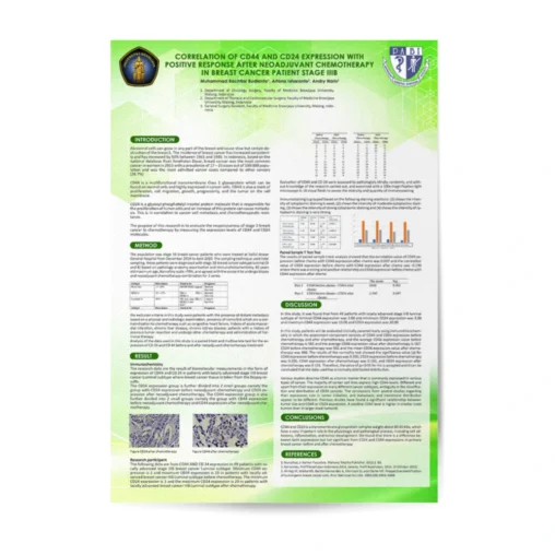 Desain poster ilmiah penelitian kanker payudara stadium IIIB mengenai korelasi ekspresi biomarker CD44 dan CD24 terhadap respons kemoterapi neoadjuvan, lengkap dengan grafik statistik, tabel penelitian, dan citra imunohistokimia.