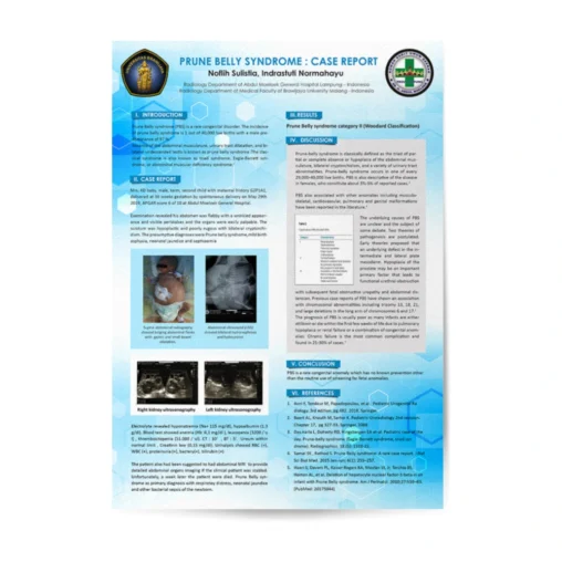 Desain poster ilmiah Prune Belly Syndrome case report bidang radiologi dengan layout presentasi penelitian kedokteran, menampilkan hasil radiografi, ultrasonografi, dokumentasi pasien, dan pembahasan ilmiah.