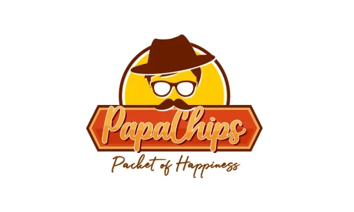 Desain logo profesional untuk camilan Papa Chips Jakarta dengan maskot karakter yang ikonik