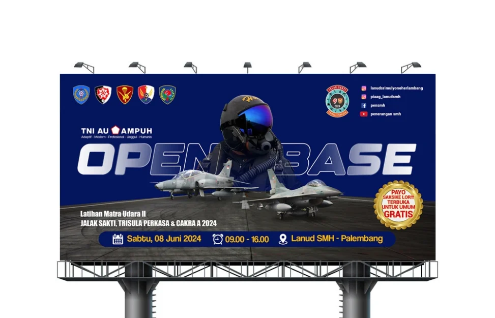 Desain baliho Open Base Latihan Matra Udara TNI AU, menampilkan foto pilot, pesawat tempur, dan informasi lokasi acara untuk kegiatan dirgantara.