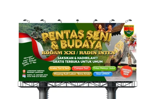 Desain baliho Pentas Seni & Budaya Kodam II/Sriwijaya di Bandar Lampung, menampilkan ilustrasi prajurit, pertunjukan wayang kulit, dan daftar agenda acara untuk promosi publik.