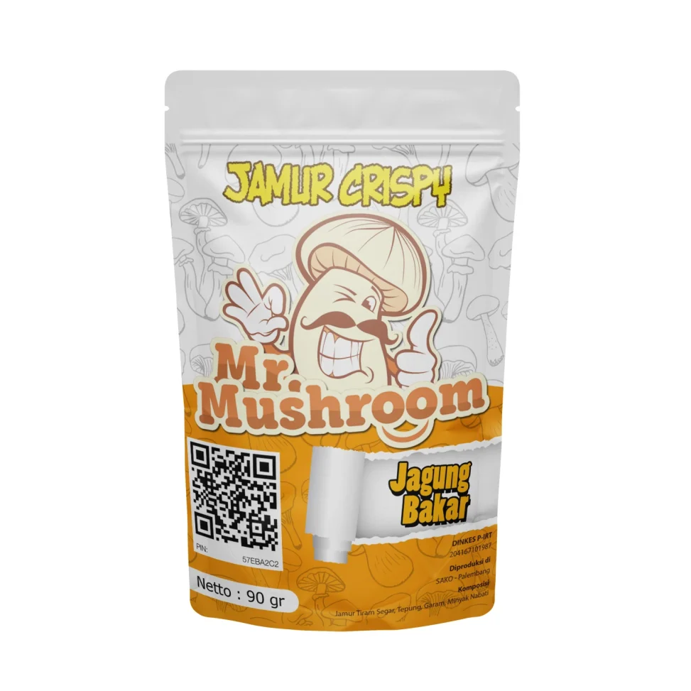 Desain kemasan pouch Jamur Crispy Mr. Mushroom varian Jagung Bakar dengan maskot jamur yang ceria.