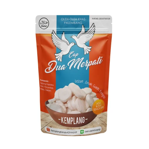 Desain kemasan pouch Kemplang ikan khas Palembang merek Cap Dua Merpati, kemasan oleh-oleh dengan sistem branding konsisten.