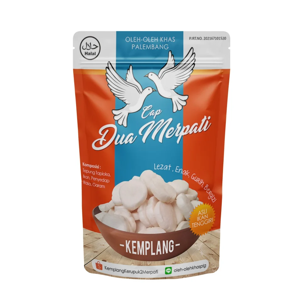 Desain kemasan pouch Kemplang ikan khas Palembang merek Cap Dua Merpati, kemasan oleh-oleh dengan sistem branding konsisten.