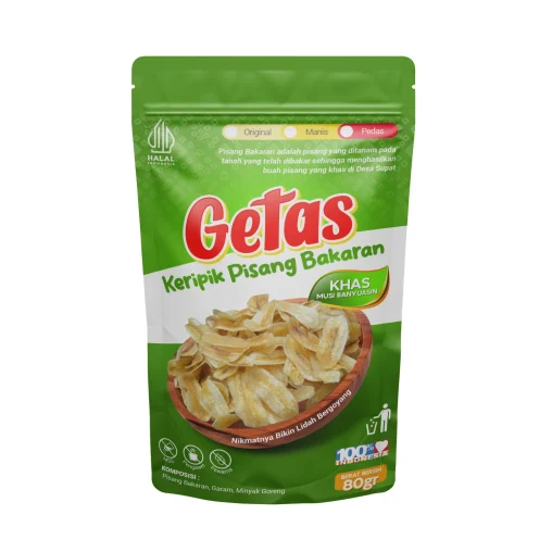 Desain kemasan pouch Keripik Pisang Bakaran Getas khas Musi Banyuasin, kemasan oleh-oleh informatif dengan narasi produk tanah bakaran.
