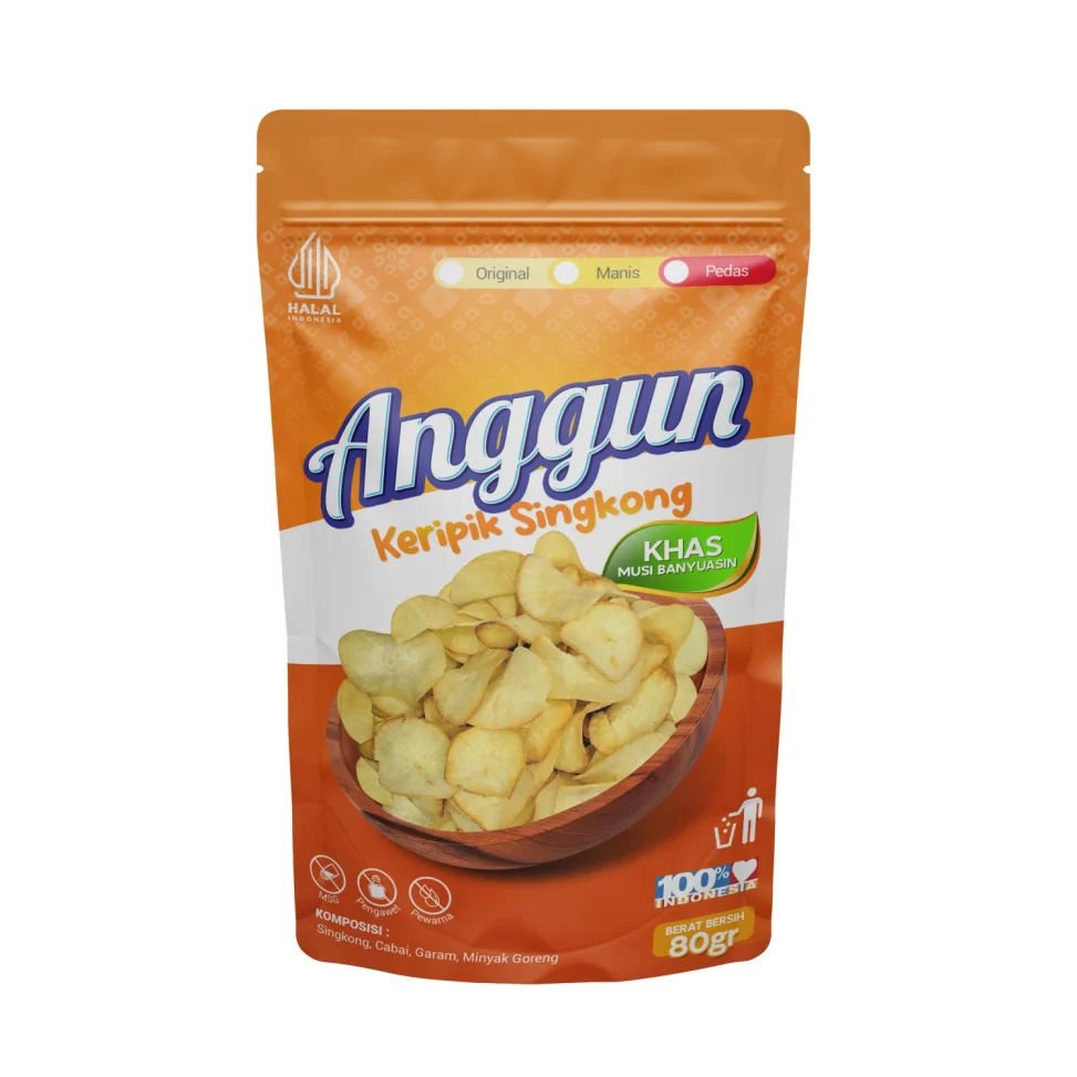 Desain kemasan pouch Keripik Singkong Anggun khas Musi Banyuasin, kemasan oleh-oleh profesional dengan sistem informasi varian yang jelas.