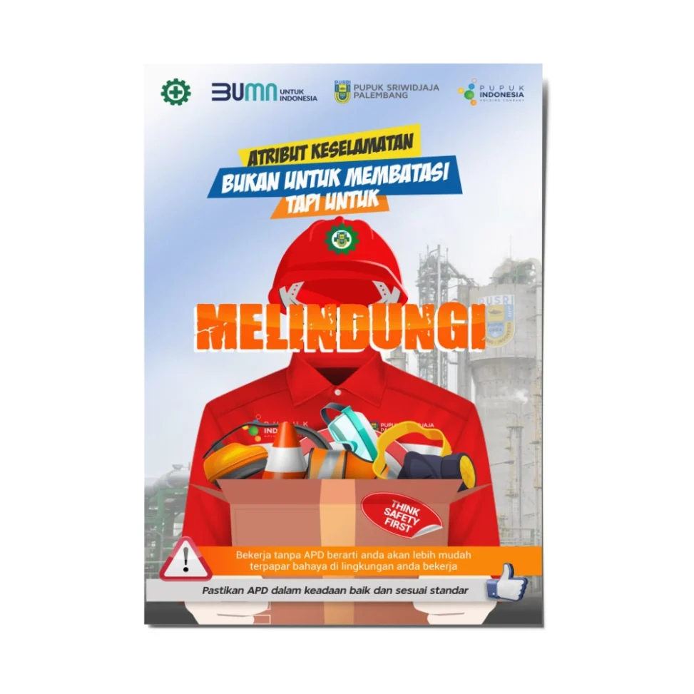 Poster kampanye keselamatan kerja Pupuk Sriwidjaja Pusri, menampilkan ilustrasi atribut APD dengan pesan edukasi pentingnya perlindungan diri di lingkungan industri.