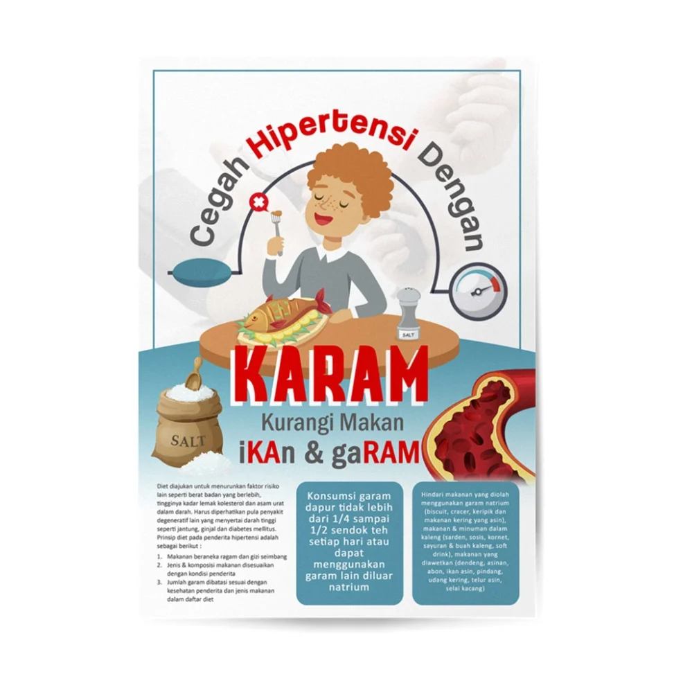 Poster edukasi kesehatan pencegahan hipertensi dengan akronim KARAM (Kurangi Makan Ikan dan Garam), desain infografis untuk media penyuluhan kesehatan masyarakat.