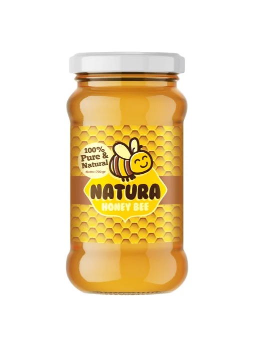 Portofolio desain sticker kemasan botol madu Natura Honey 700 gram, menampilkan ilustrasi lebah ramah dan motif sarang lebah alami.