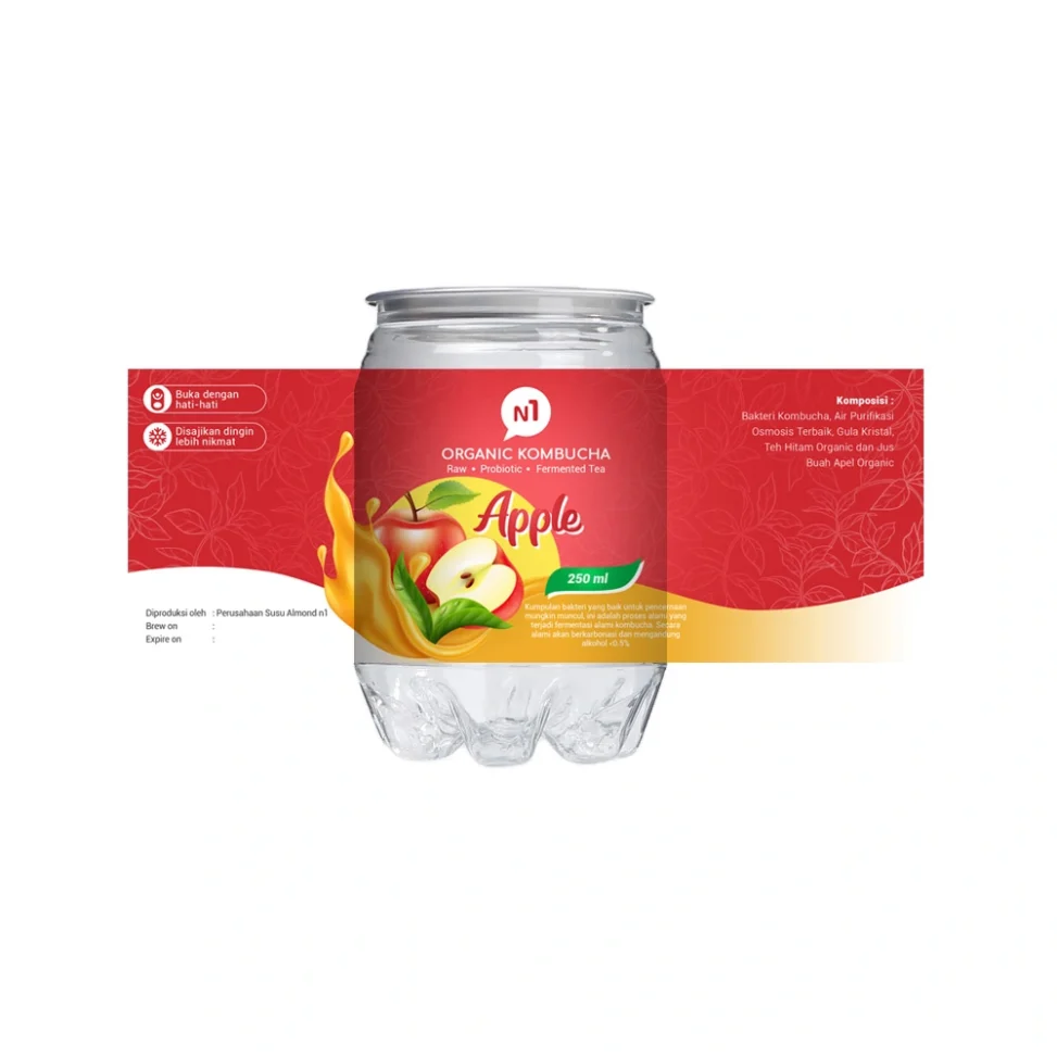 Desain stiker kemasan botol N1 Organic Kombucha rasa apel, menampilkan visual buah segar dan informasi produk probiotik yang edukatif.