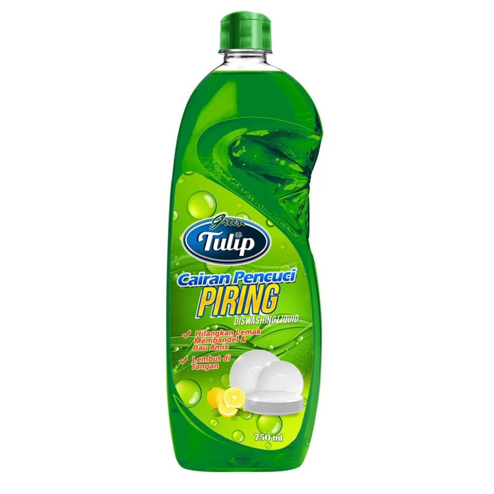 Portofolio desain sticker kemasan botol sabun cuci piring Green Tulip 750 ml, menampilkan visual segar dan informasi keunggulan pembersih lemak.