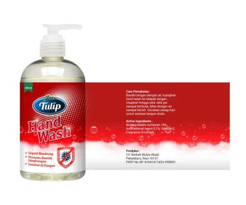 Portofolio desain sticker kemasan botol sabun cuci tangan Green Tulip 500 ml, menampilkan informasi formula antibakteri dan panduan cuci tangan.