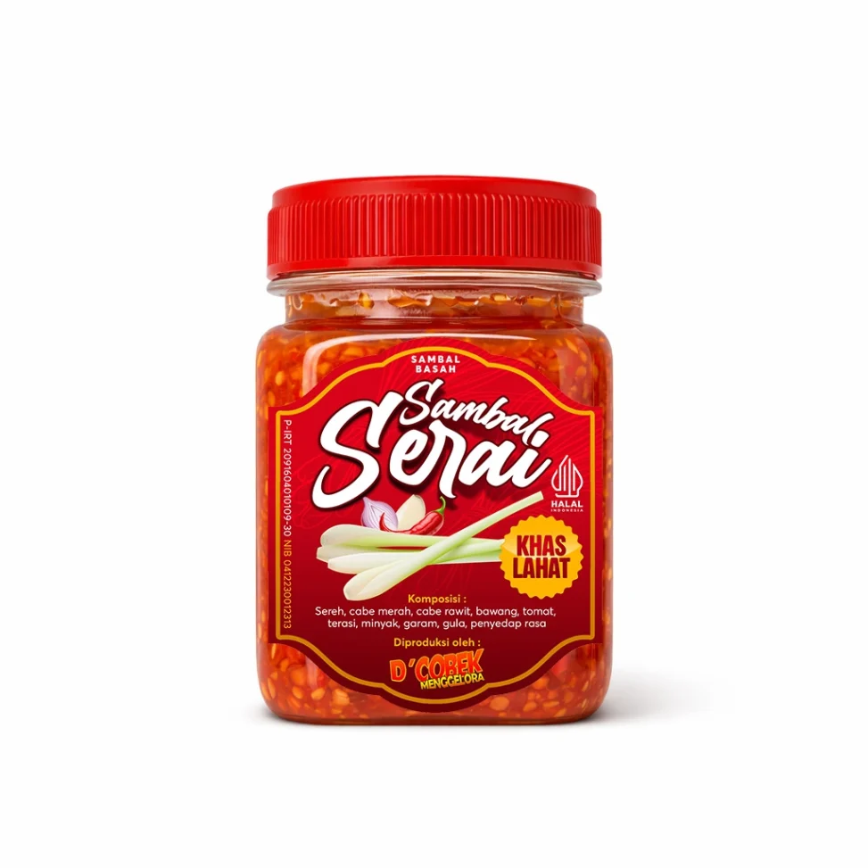 Portofolio desain sticker kemasan botol sambal serai Khas Lahat D'Cobek Menggelora, menampilkan ilustrasi bahan segar dan informasi legalitas P-IRT.