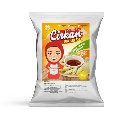 Portofolio desain sticker kemasan cireng ikan Cirkan Bunda Sita 80 gram, menampilkan panduan menggoreng dan informasi tanpa pengawet.