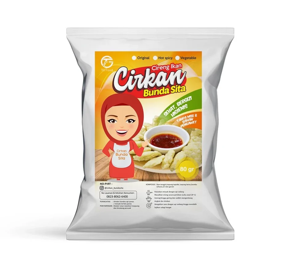 Portofolio desain sticker kemasan cireng ikan Cirkan Bunda Sita 80 gram, menampilkan panduan menggoreng dan informasi tanpa pengawet.