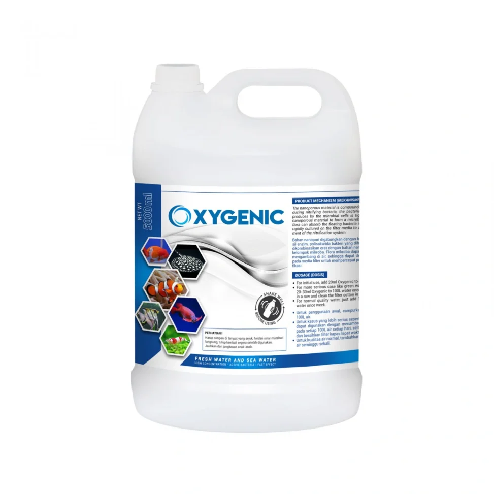 Desain label kemasan jerigen 5000 ml Oxygenic, menampilkan informasi mekanisme teknis produk dan panduan dosis lengkap untuk kebutuhan akuakultur skala besar.