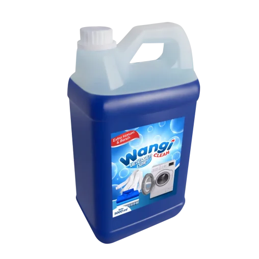 Portofolio desain sticker label kemasan jerigen detergen cair Wangi Clean 5000 ml, menampilkan ilustrasi mesin cuci dan informasi ekstra harum dan bersih.