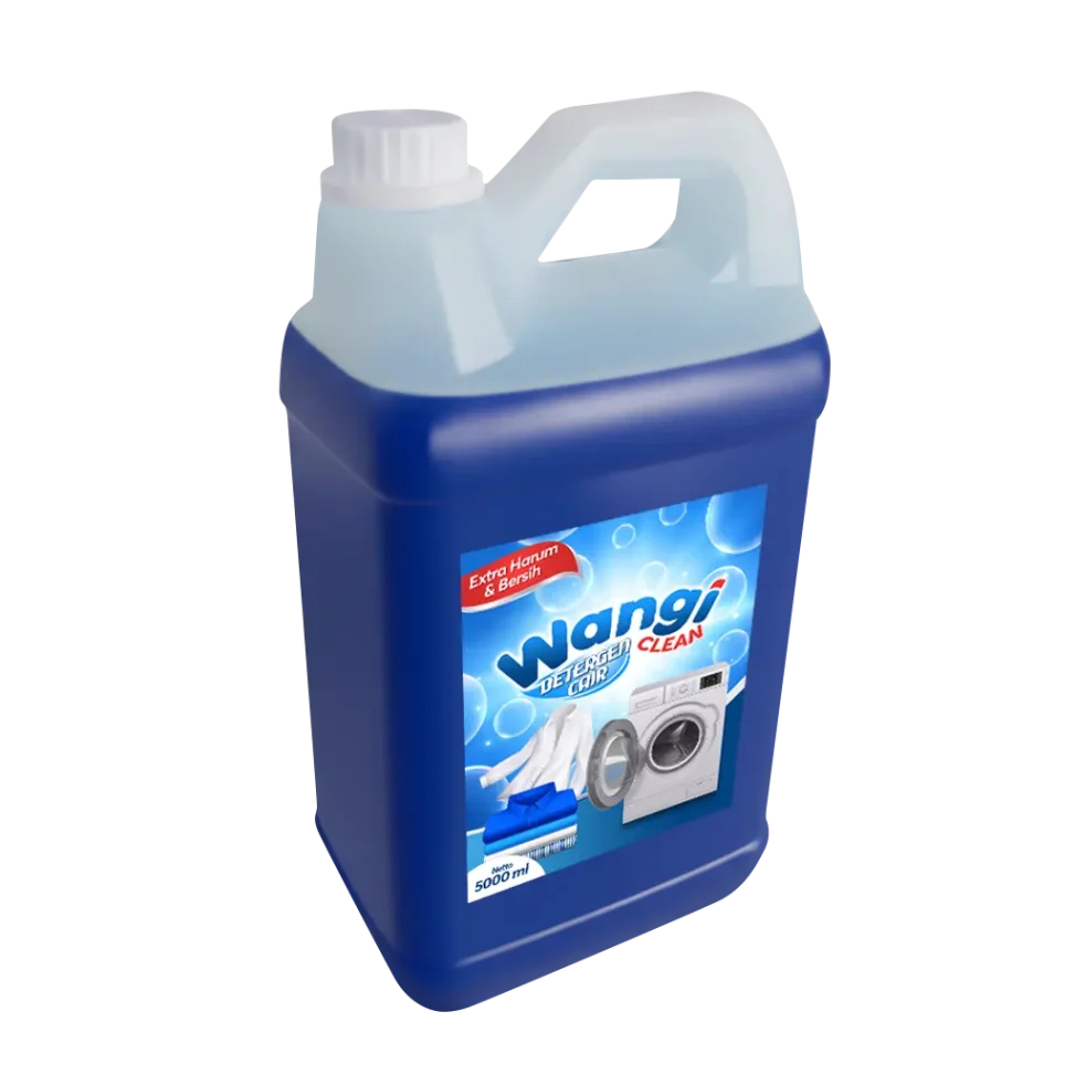Portofolio desain sticker label kemasan jerigen detergen cair Wangi Clean 5000 ml, menampilkan ilustrasi mesin cuci dan informasi ekstra harum dan bersih.